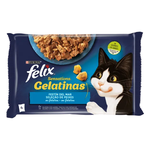 Felix Pouches 4x85Gr Sensations Salmon With Prawn & Trout With Spinach In Jelly