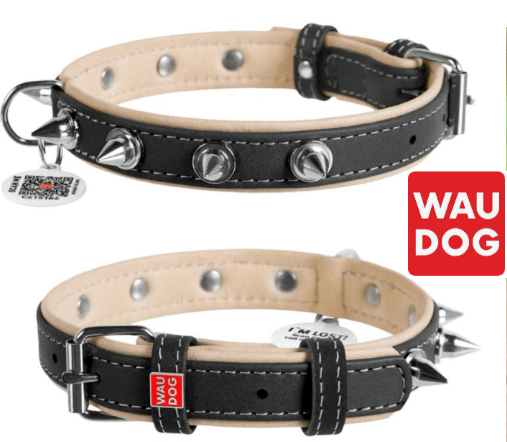 Waudog Soft Genuine Leather Spiked Collar with QR Passport