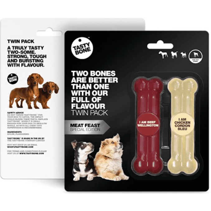 TastyBone Twin Pack Toy Meat Feast Bones Beef Wellington Chicken Gordon Bleu